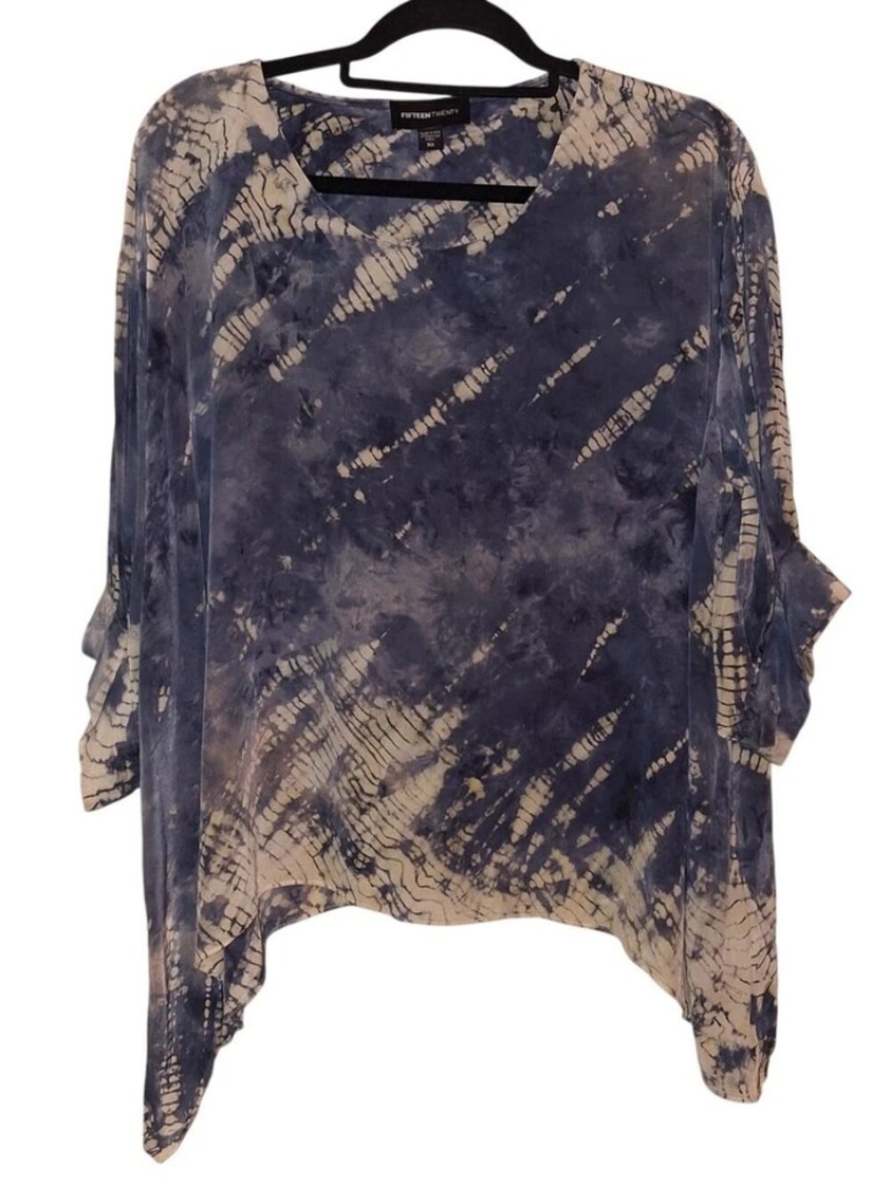 Fifteen Twenty Silk Tie Dye Handkerchief Hem Blouse Blue Cream XS